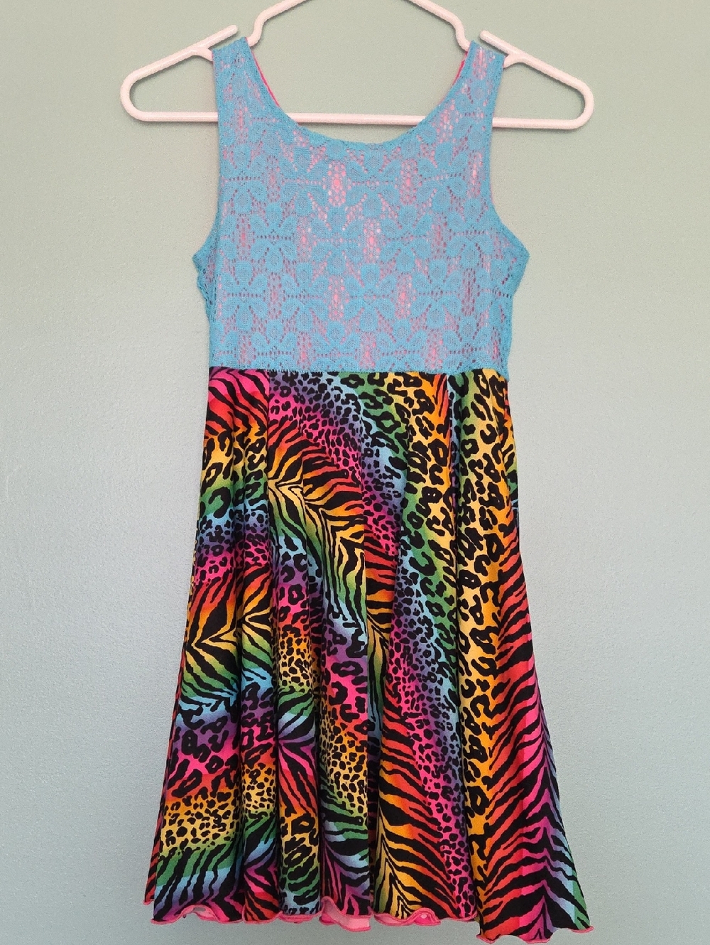 2 In 1 Blue Lace Rainbow Animal-Print Kids Dress & White Pink Polka Dot Dress